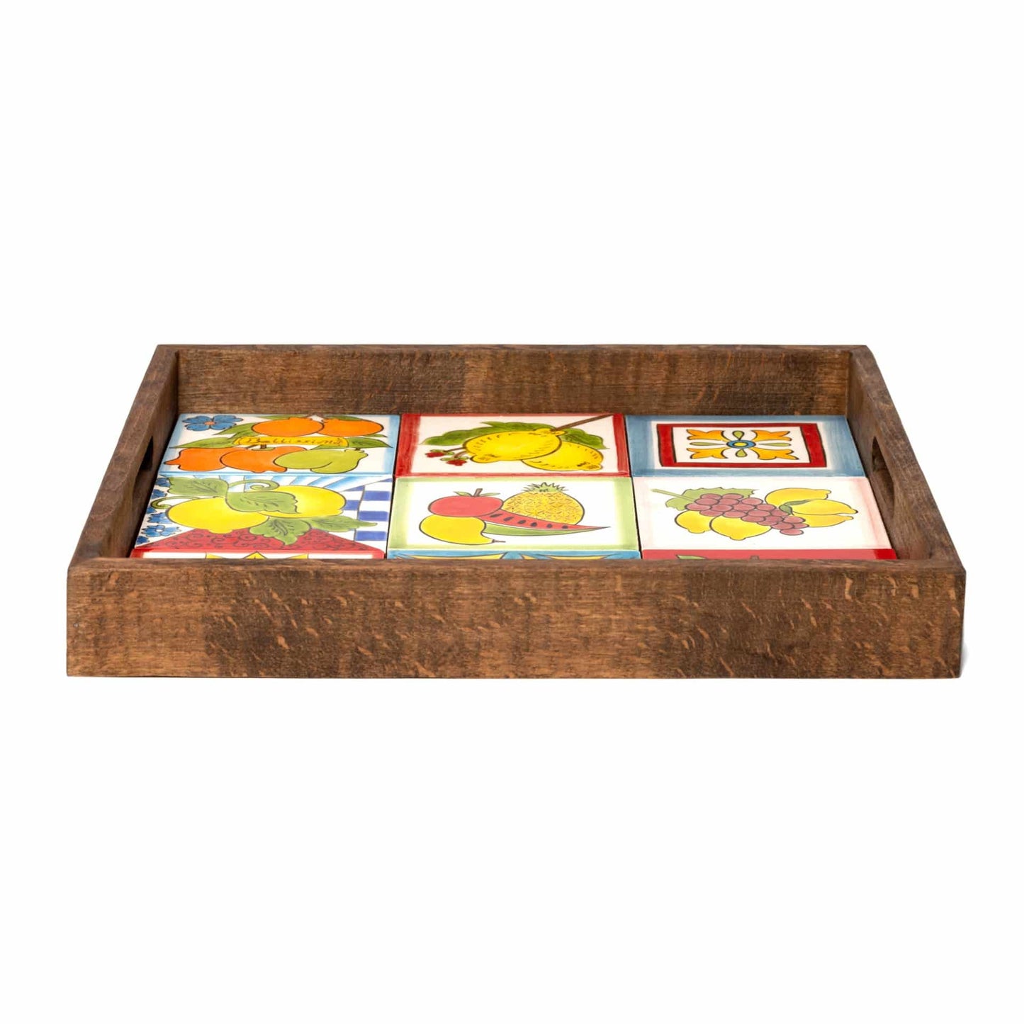 Handmade Ceramic 9-Tile Wooden Tray with Handles