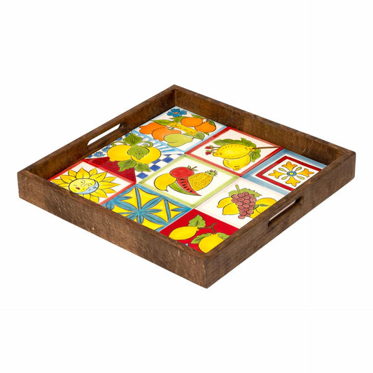 Handmade Ceramic 9-Tile Wooden Tray with Handles