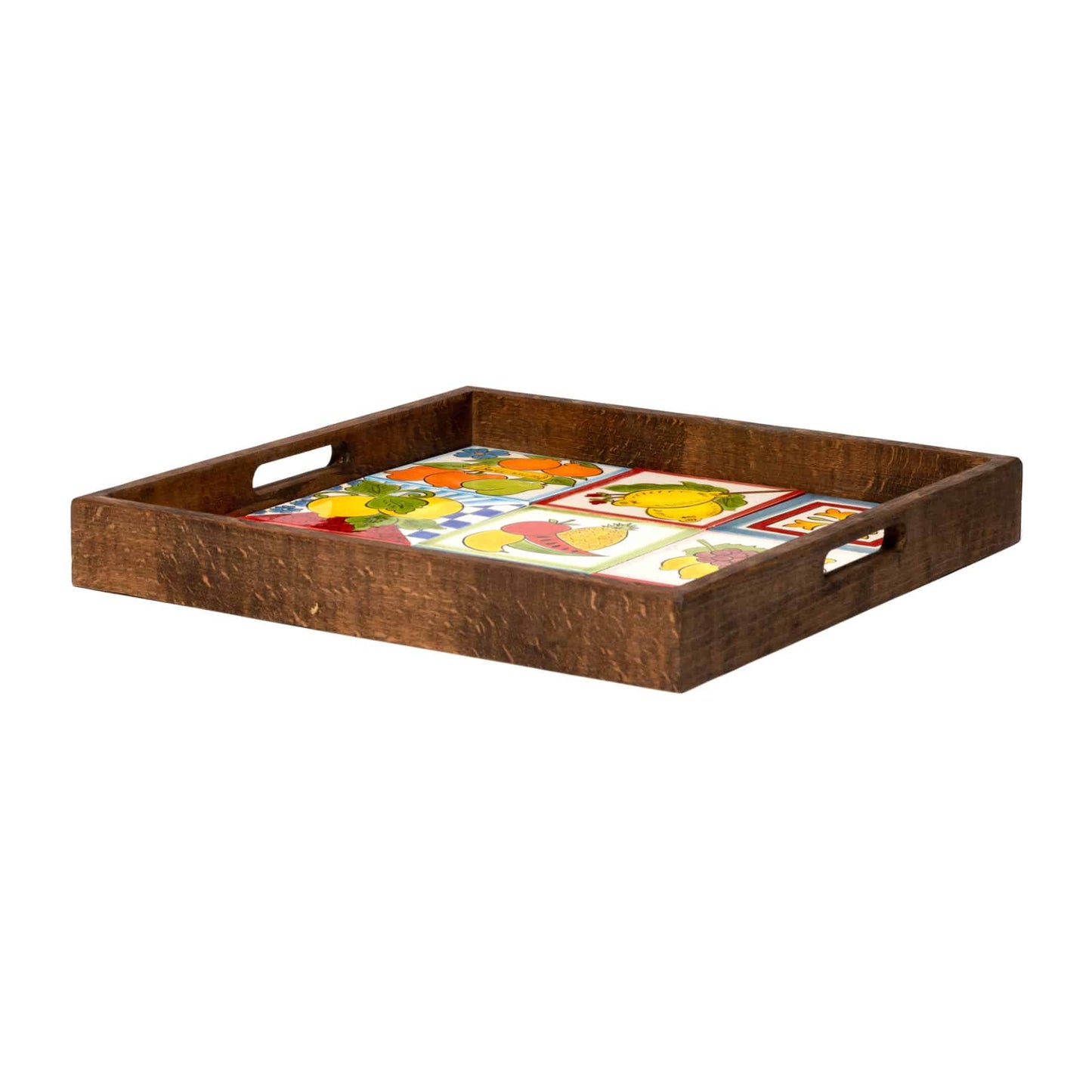 Handmade Ceramic 9-Tile Wooden Tray with Handles