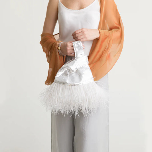 Jade In White Sequin With Feather