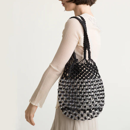 Stella In Black Macrame Beaded Bag