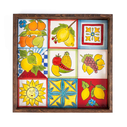 Handmade Ceramic 9-Tile Wooden Tray with Handles