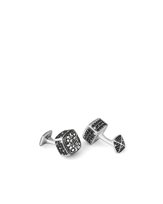 Engraved Cap Dia Zircon Black Silver Cufflinks