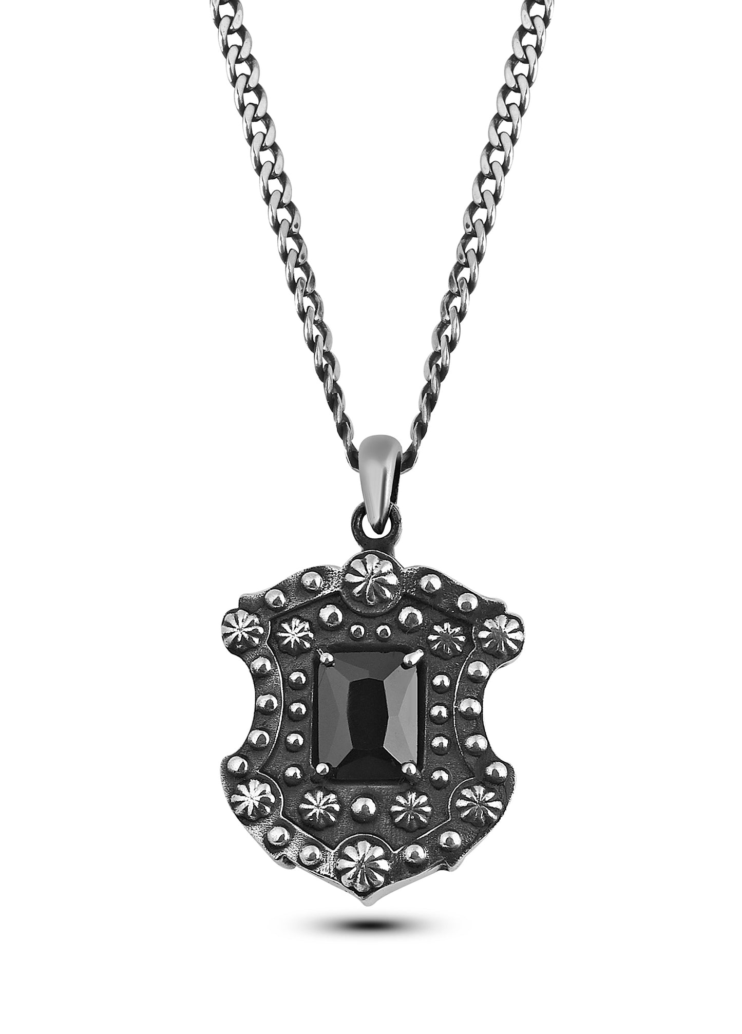 Floral Shield Octagon Men’s Silver Necklace