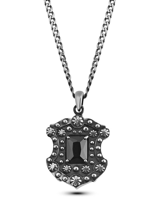 Floral Shield Octagon Men’s Silver Necklace