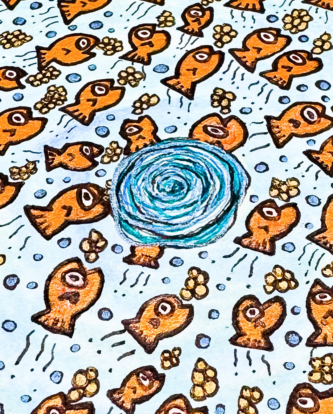 Round Gold Fish 25x25cm Neo-Organic Surrealist Drawing