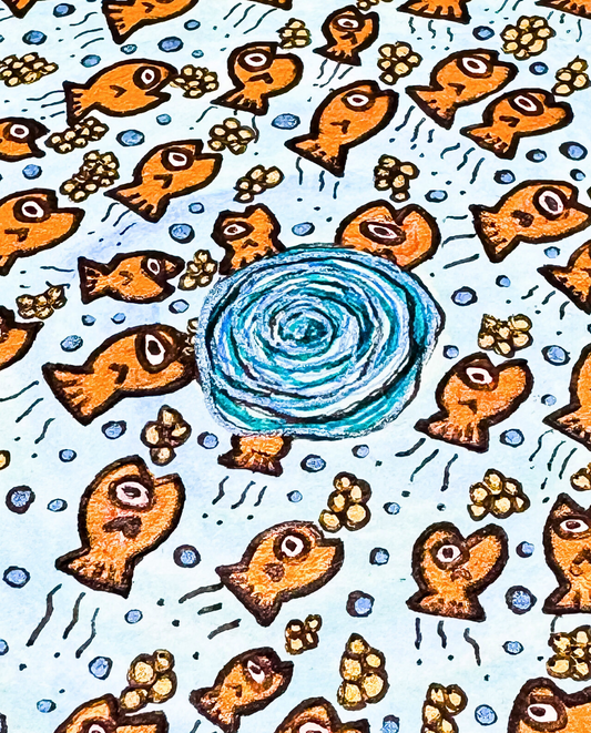 Round Gold Fish 25x25cm Neo-Organic Surrealist Drawing