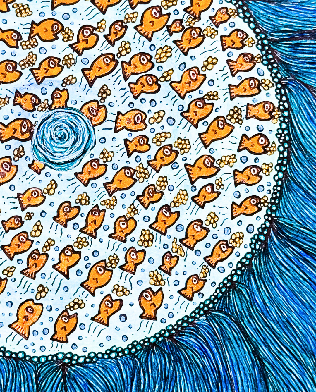 Round Gold Fish 25x25cm Neo-Organic Surrealist Drawing