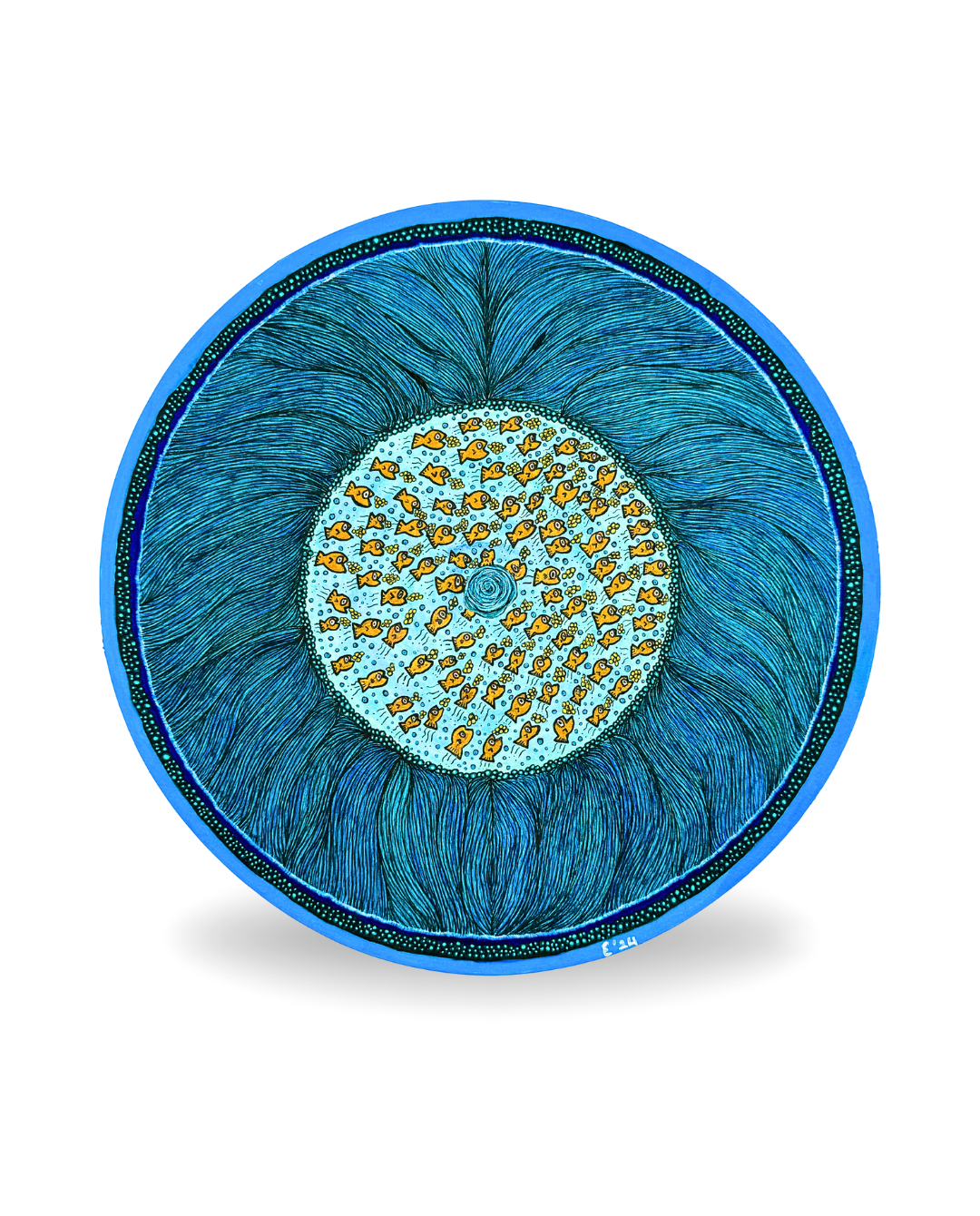 Round Gold Fish 25x25cm Neo-Organic Surrealist Drawing