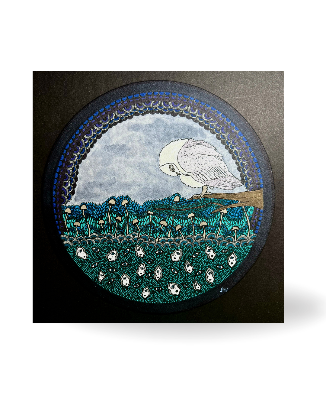 The Owl 32x32cm Neo-Organic Surrealist Ink Drawing