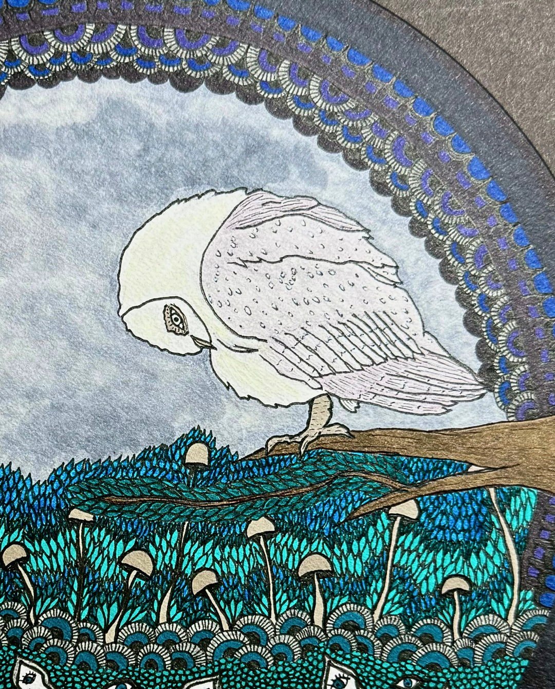 The Owl 32x32cm Neo-Organic Surrealist Ink Drawing