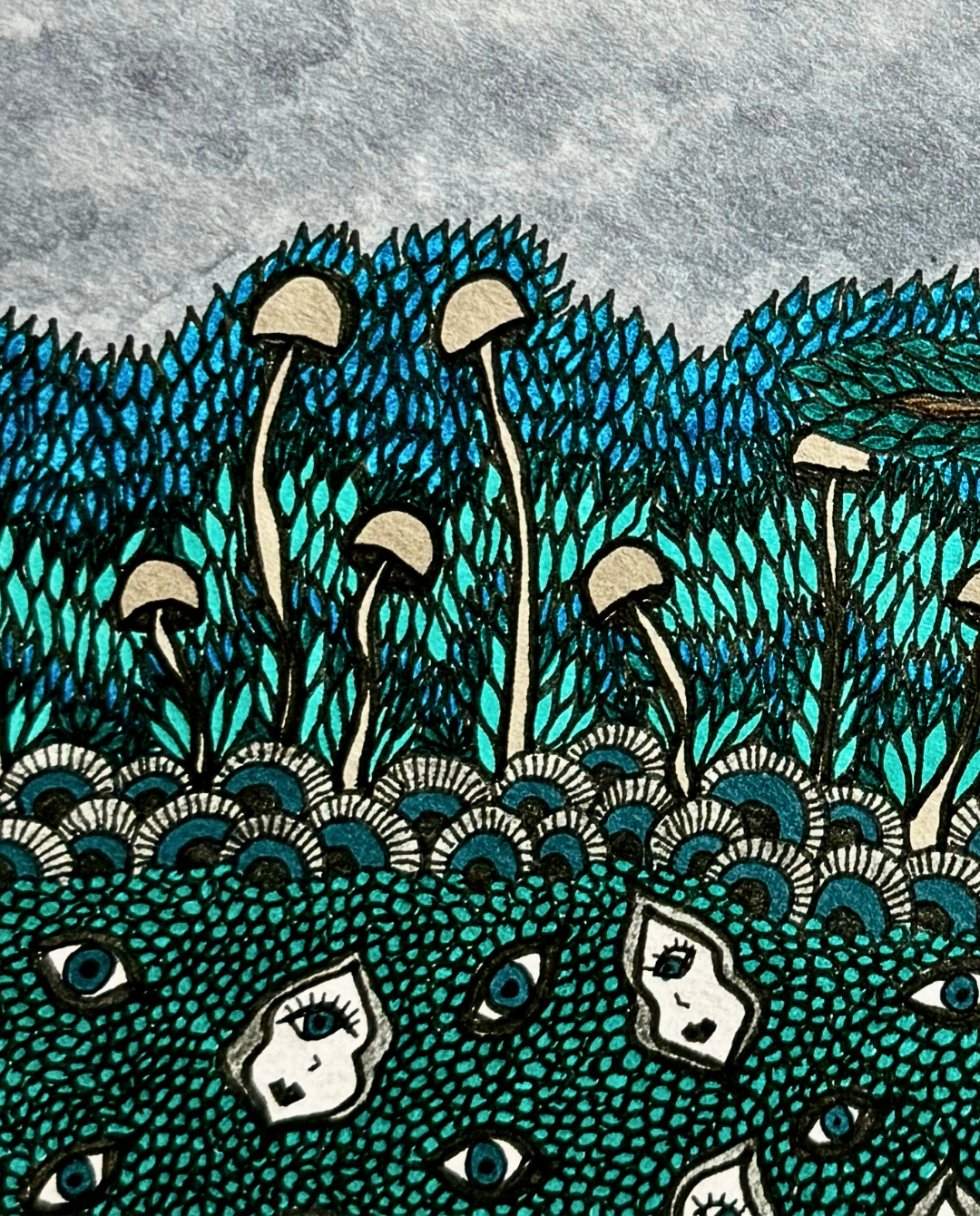 The Owl 32x32cm Neo-Organic Surrealist Ink Drawing