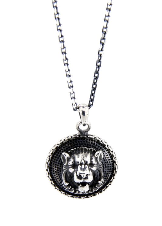 Warrior Chain Shield Lion 3D Men’s Silver Necklace