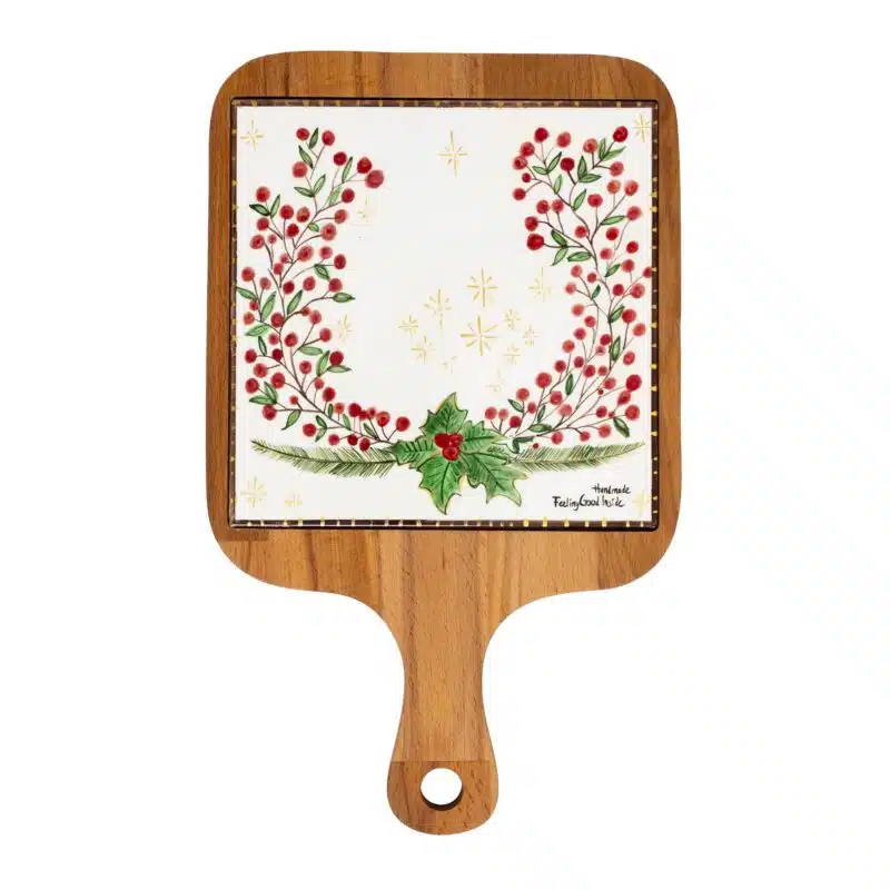 Xmas Cherry Berries Handmade Ceramic And Wooden Cheese Board