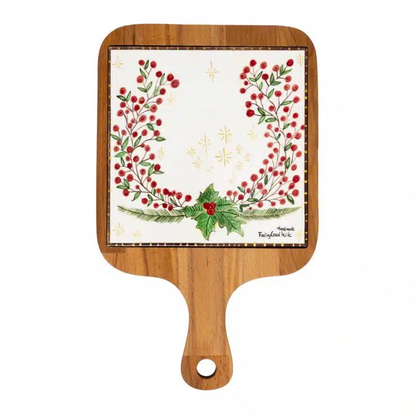 Xmas Cherry Berries Handmade Ceramic And Wooden Cheese Board