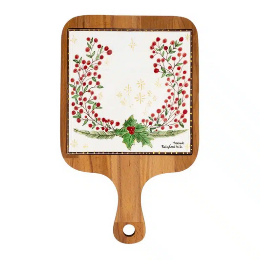 Xmas Cherry Berries Handmade Ceramic And Wooden Cheese Board