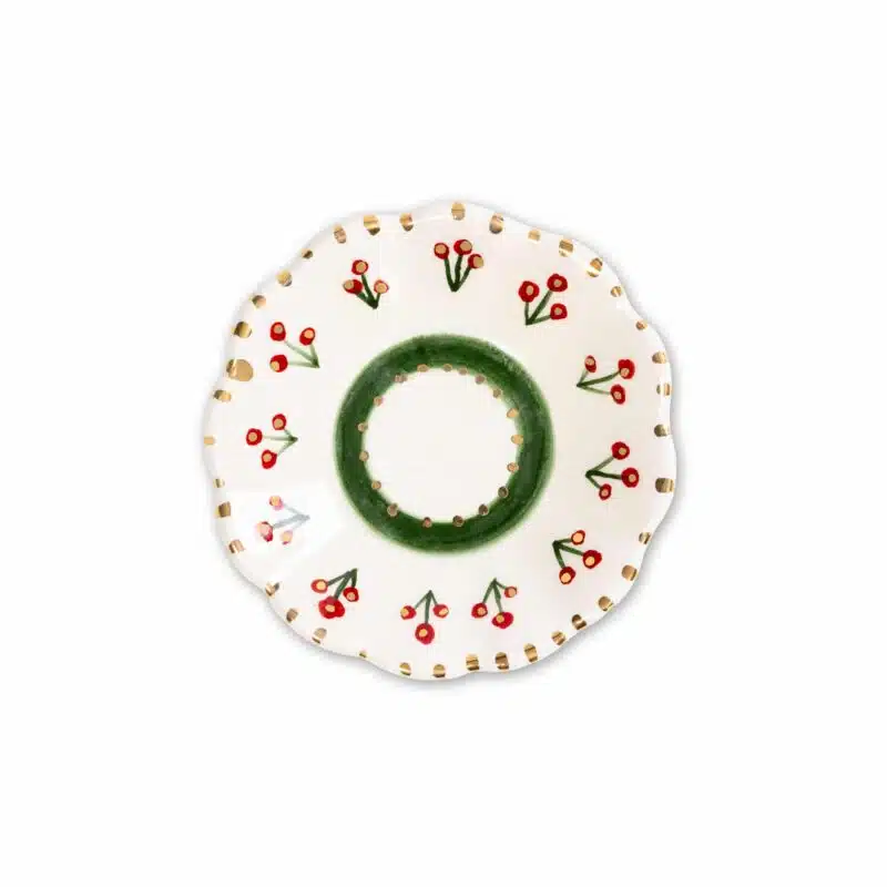 Xmas Cherry Berry Green Handmade Ceramic Tea Plate