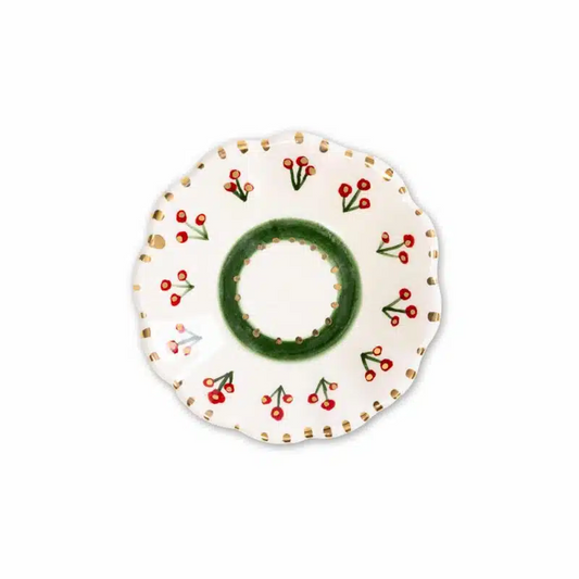 Xmas Cherry Berry Green Handmade Ceramic Tea Plate
