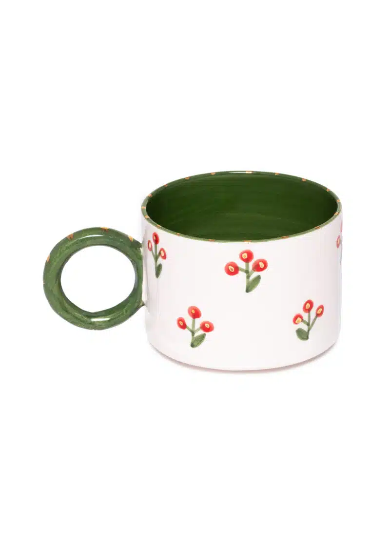 Xmas Cherry Berry Green Handmade Ceramic Mug With Handle