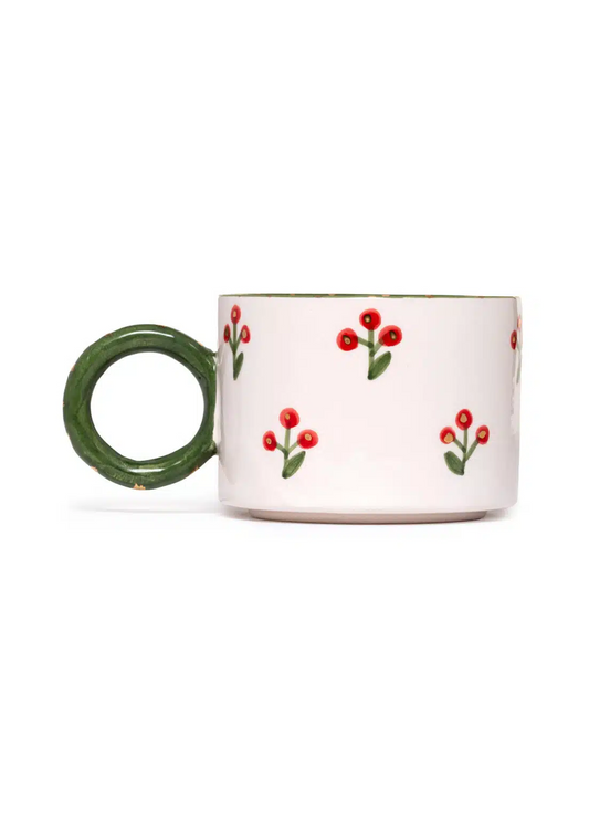 Xmas Cherry Berry Green Handmade Ceramic Mug With Handle