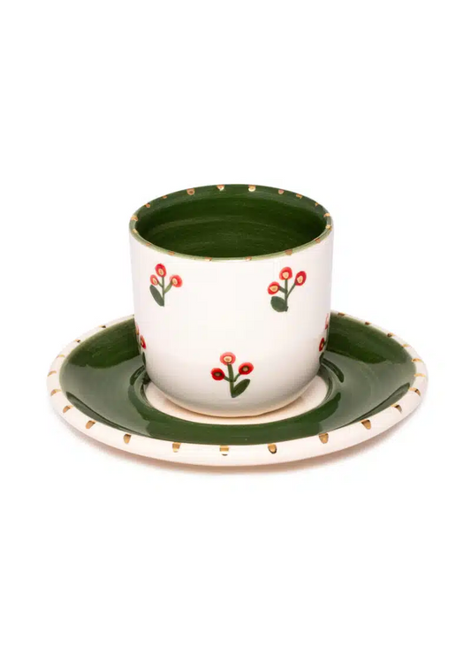 Xmas Cherry Berry Green Handmade Ceramic Turkish Coffee Cup Set