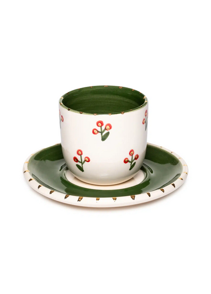 Xmas Cherry Berry Green Handmade Ceramic Turkish Coffee Cup Set