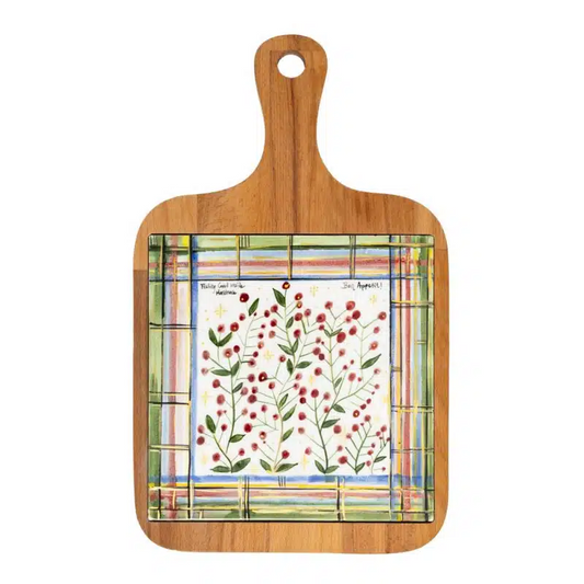 Xmas Holly Flower ve Plaid Pattern Handmade Ceramic And Wooden Cheese Board